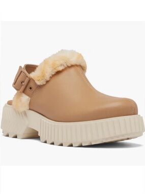 Sorel Tan Faux-Shearling Platform Clog Mule